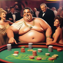 A funny, laughing, slightly overweight Greek god in a casino playing roulette