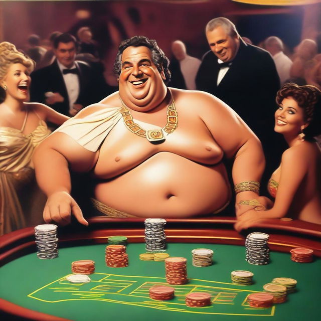 A funny, laughing, slightly overweight Greek god in a casino playing roulette