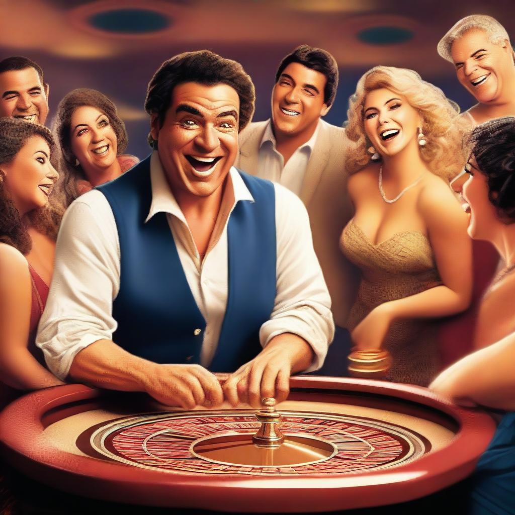 A humorous depiction of a Greek god laughing heartily while playing roulette in a lively casino