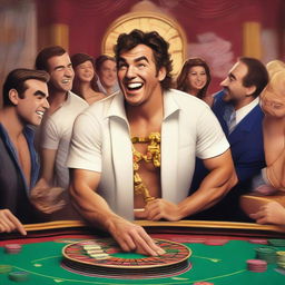 A humorous depiction of a Greek god laughing heartily while playing roulette in a lively casino