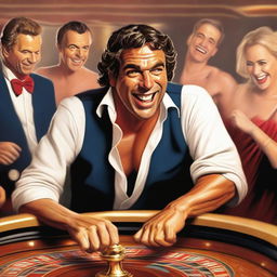 A humorous depiction of a Greek god laughing heartily while playing roulette in a lively casino