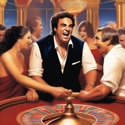 A humorous depiction of a Greek god laughing heartily while playing roulette in a lively casino