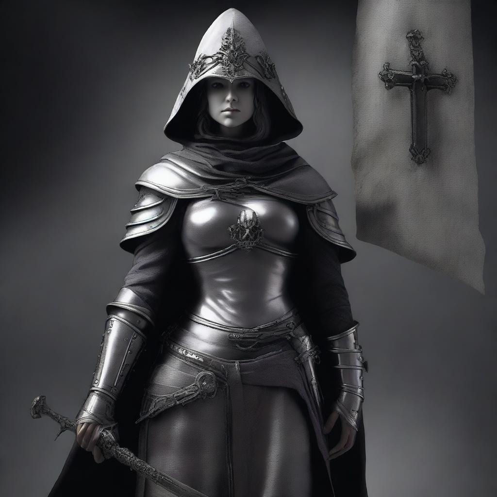 A full-length view of Jeanne d'Arc surrounded by darkness as an undead