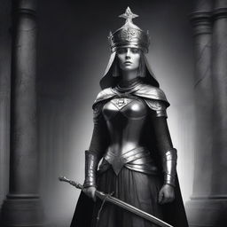 A full-length view of Jeanne d'Arc surrounded by darkness as an undead
