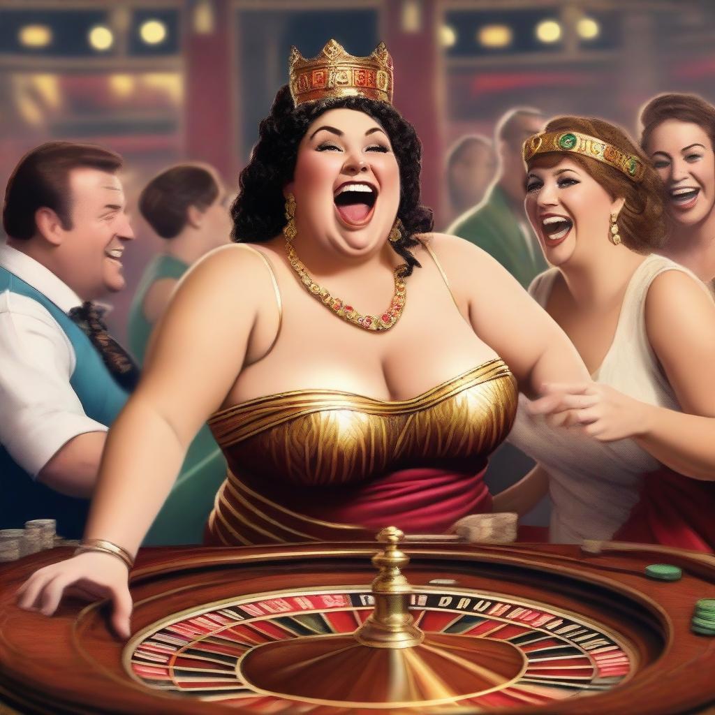 A humorous scene featuring a slightly overweight female Roman goddess laughing heartily while playing roulette in a lively casino