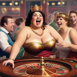 A humorous scene featuring a slightly overweight female Roman goddess laughing heartily while playing roulette in a lively casino