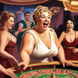 A humorous scene featuring a slightly overweight female Roman goddess laughing heartily while playing roulette in a lively casino