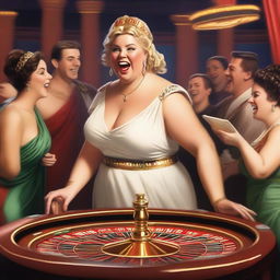 A humorous scene featuring a slightly overweight female Roman goddess laughing heartily while playing roulette in a lively casino