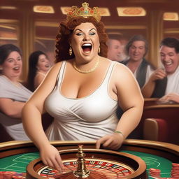 A humorous scene featuring a slightly overweight female Roman goddess laughing heartily while playing roulette in a lively casino