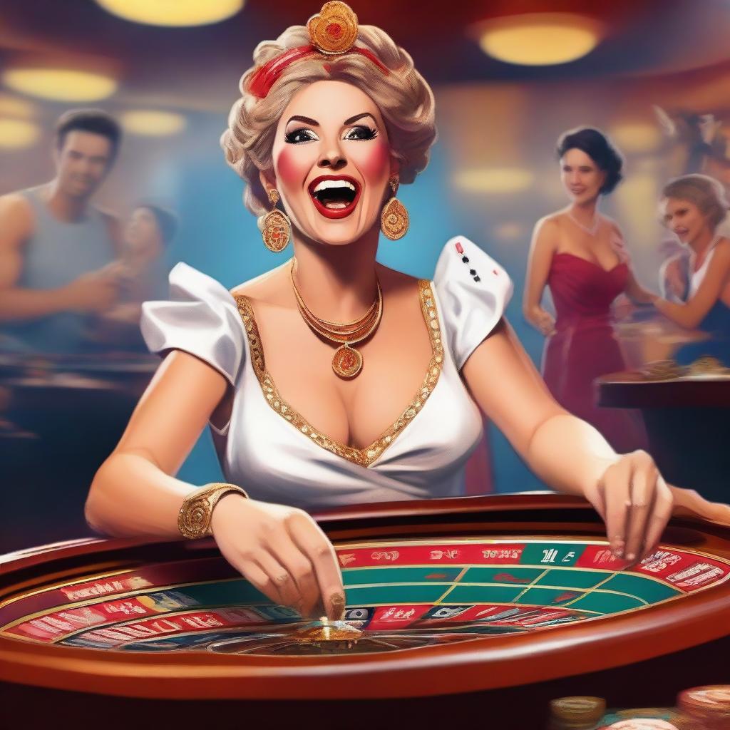 A humorous scene featuring a Roman goddess laughing heartily while playing roulette at a lively casino