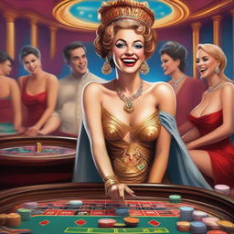 A humorous scene featuring a Roman goddess laughing heartily while playing roulette at a lively casino