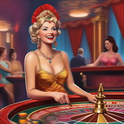 A humorous scene featuring a Roman goddess laughing heartily while playing roulette at a lively casino