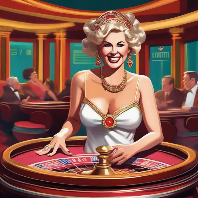 A humorous scene featuring a Roman goddess laughing heartily while playing roulette at a lively casino