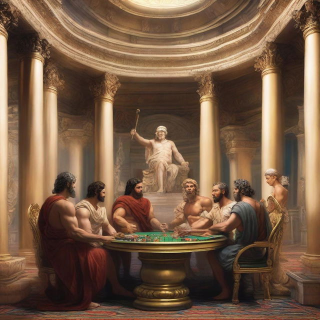 A vivid scene of Roman gods playing poker in a luxurious casino set in Olympus