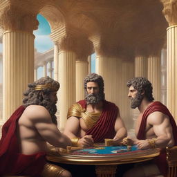 A vivid scene of Roman gods playing poker in a luxurious casino set in Olympus