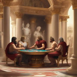 A vivid scene of Roman gods playing poker in a luxurious casino set in Olympus