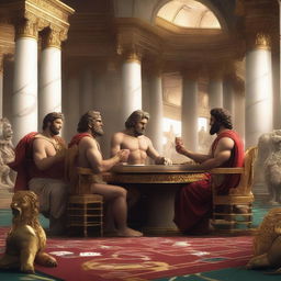 A vivid scene of Roman gods playing poker in a luxurious casino set in Olympus