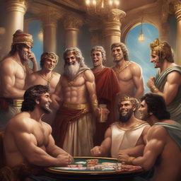 A group of Roman gods laughing and playing poker in a luxurious casino set in Olympus