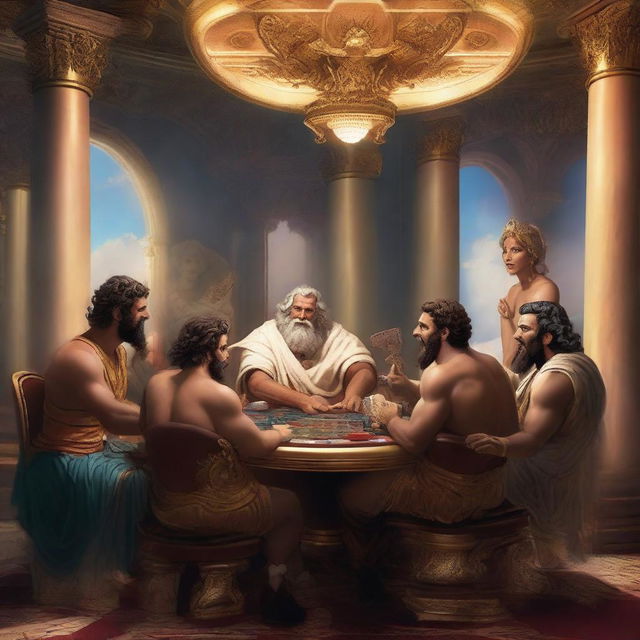 A group of Roman gods laughing and playing poker in a luxurious casino set in Olympus