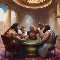 A group of Roman gods laughing and playing poker in a luxurious casino set in Olympus