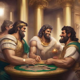 A group of Roman gods laughing and playing poker in a luxurious casino set in Olympus