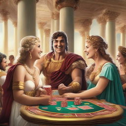 A vibrant scene of male and female Roman gods, dressed in traditional Roman attire, laughing and playing poker in a luxurious casino set in Olympus