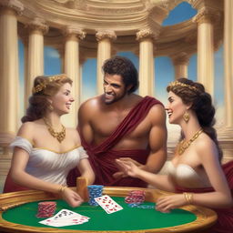 A vibrant scene of male and female Roman gods, dressed in traditional Roman attire, laughing and playing poker in a luxurious casino set in Olympus