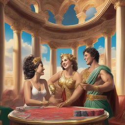 A vibrant scene of male and female Roman gods, dressed in traditional Roman attire, laughing and playing poker in a luxurious casino set in Olympus