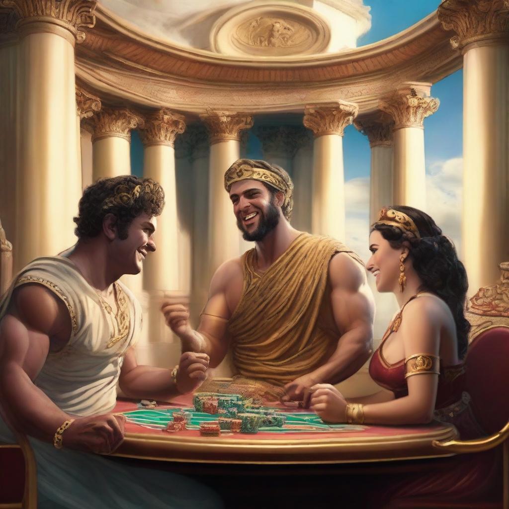 A vibrant scene of male and female Roman gods, dressed in traditional Roman attire, laughing and playing poker in a luxurious casino set in Olympus