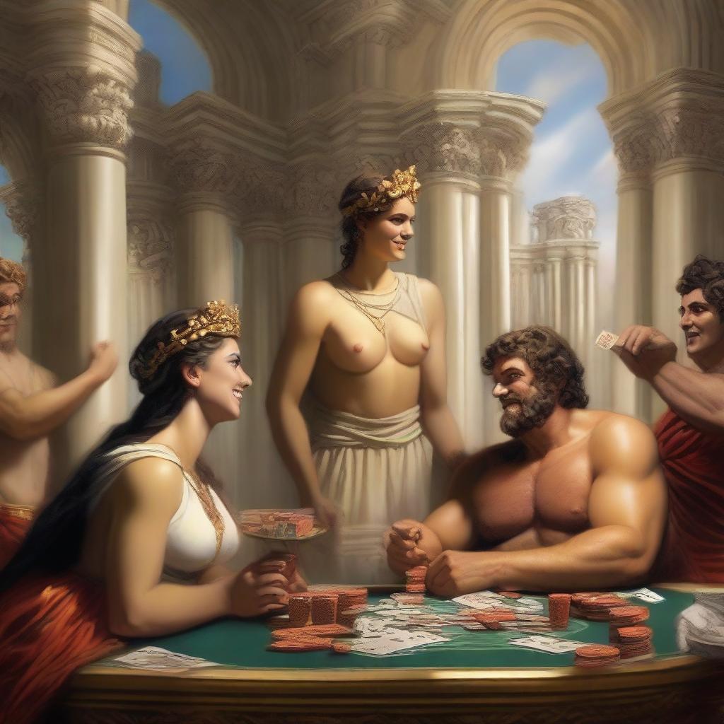 A lively scene of male and female Roman gods, dressed conservatively, laughing and playing poker in a grand casino set in Olympus