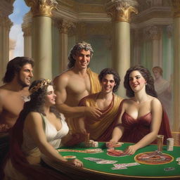 A lively scene of male and female Roman gods, dressed conservatively, laughing and playing poker in a grand casino set in Olympus