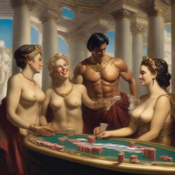 A lively scene of male and female Roman gods, dressed conservatively, laughing and playing poker in a grand casino set in Olympus