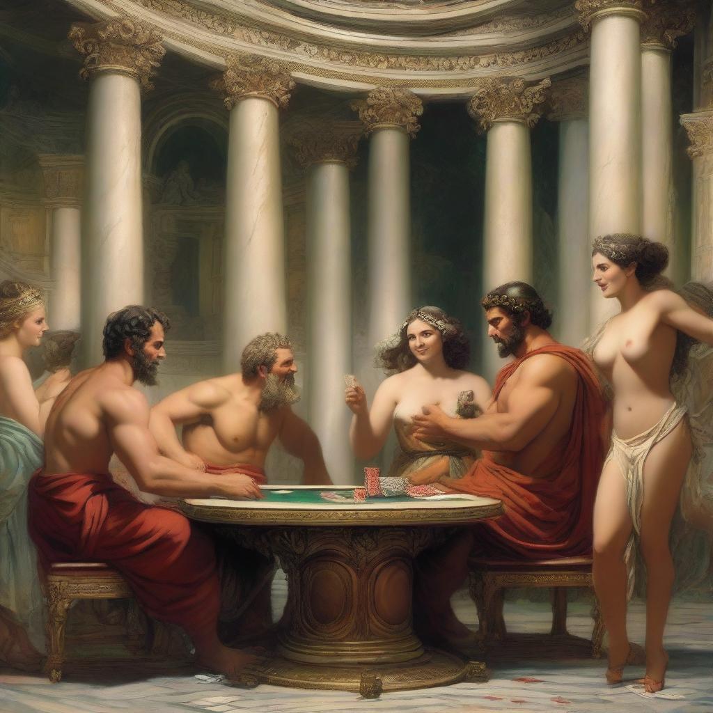 A lively scene of male and female Roman gods, dressed conservatively, laughing and playing poker in a grand casino set in Olympus