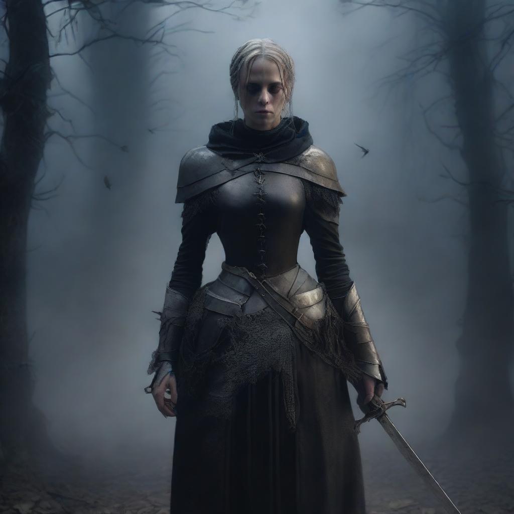 A full-length view of Jeanne d'Arc surrounded by darkness as an undead