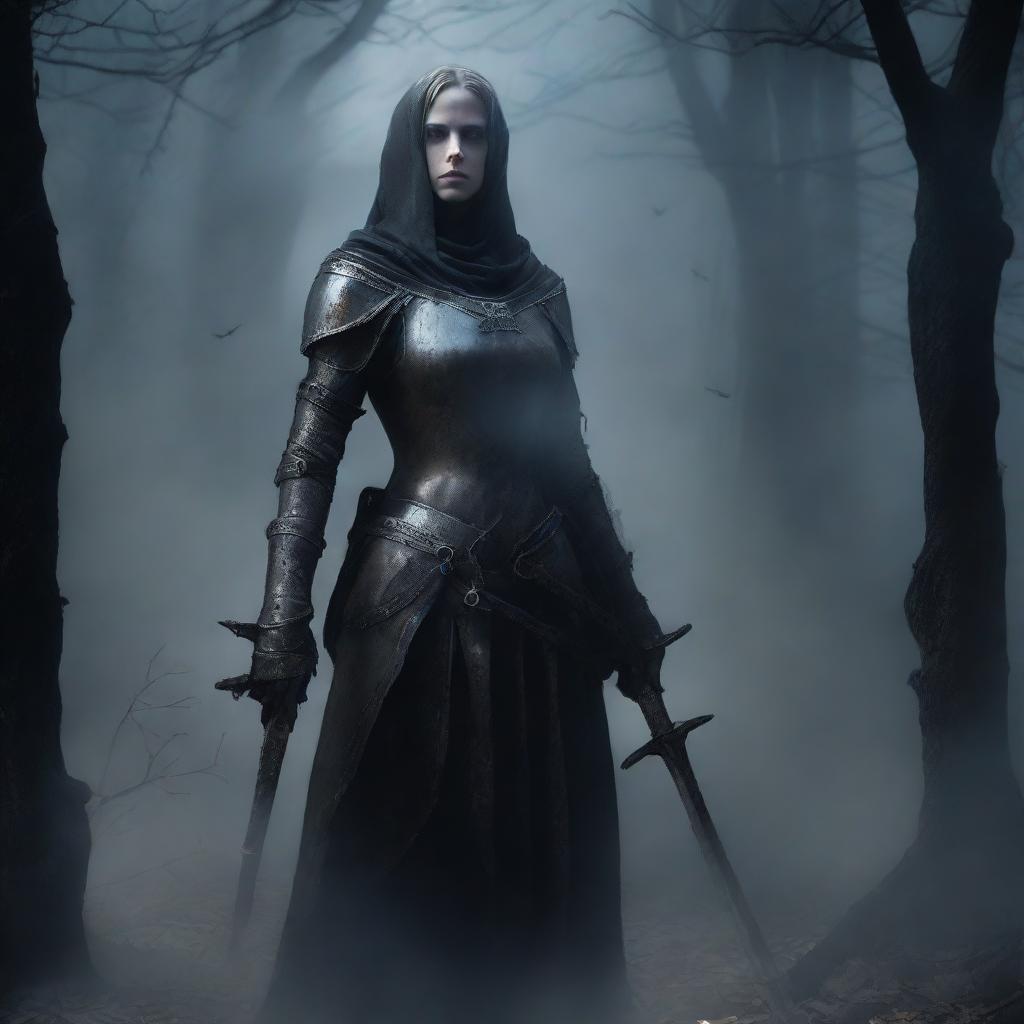 A full-length view of Jeanne d'Arc surrounded by darkness as an undead