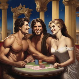 A lively scene of male and female Roman gods laughing and playing poker in a grand casino situated in Olympus