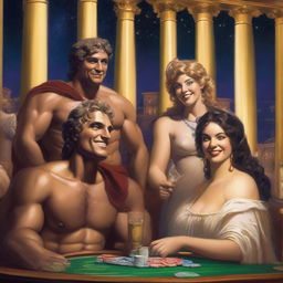 A lively scene of male and female Roman gods laughing and playing poker in a grand casino situated in Olympus