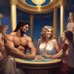 A lively scene of male and female Roman gods laughing and playing poker in a grand casino situated in Olympus