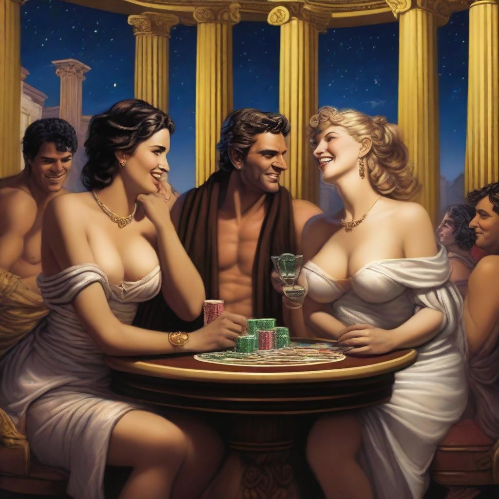 A lively scene of male and female Roman gods laughing and playing poker in a grand casino situated in Olympus