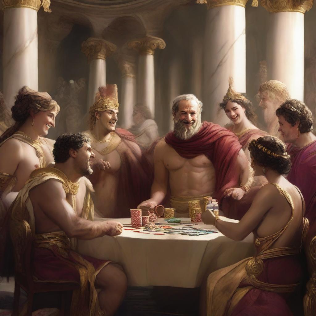 A lively scene featuring laughing male and female Roman gods playing poker in a grand casino located in Olympus