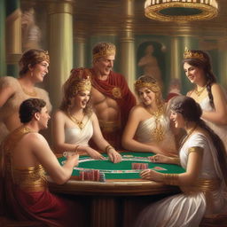 A lively scene featuring laughing male and female Roman gods playing poker in a grand casino located in Olympus