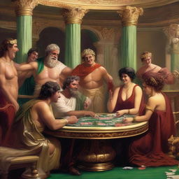 A lively scene featuring laughing male and female Roman gods playing poker in a grand casino located in Olympus