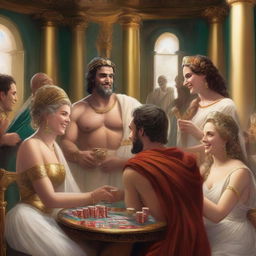 A lively scene featuring laughing male and female Roman gods playing poker in a grand casino located in Olympus