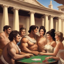 A lively scene in Olympus where male and female Roman gods are laughing and playing poker in a casino