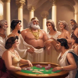 A lively scene in Olympus where male and female Roman gods are laughing and playing poker in a casino