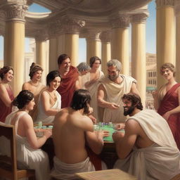 A lively scene in Olympus where male and female Roman gods are laughing and playing poker in a casino