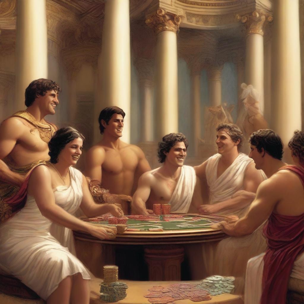 A lively scene in Olympus where male and female Roman gods are laughing and playing poker in a casino