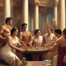 A lively scene in Olympus where male and female Roman gods are laughing and playing poker in a casino