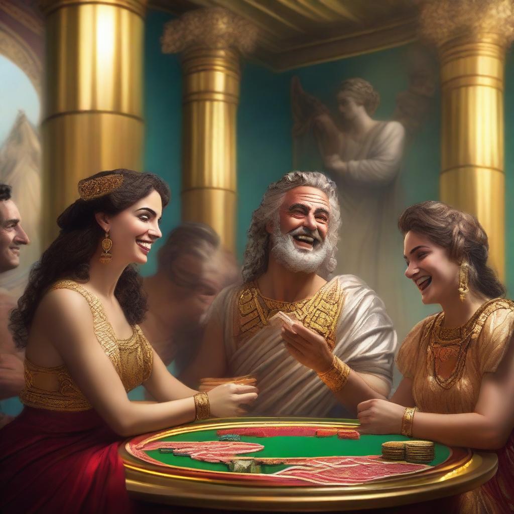 Four laughing male and female Roman gods playing poker in a vibrant casino set in Olympus