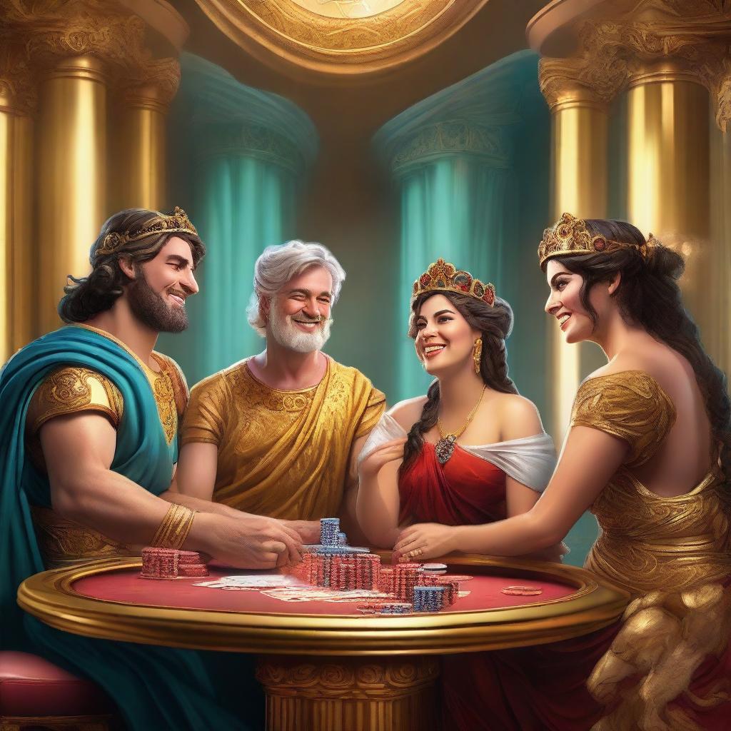 Four laughing male and female Roman gods playing poker in a vibrant casino set in Olympus